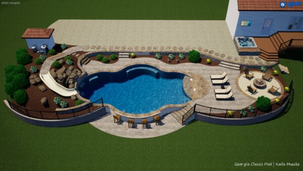 A 3D rendering of a modern pool with a slide.