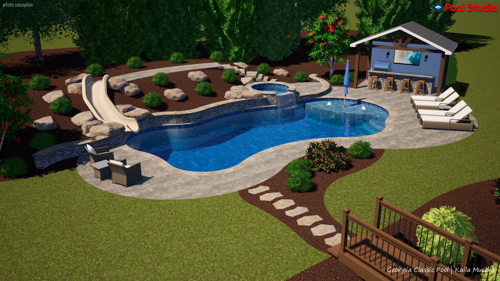 A 3D rendering of a modern pool with an attached spa and slide.