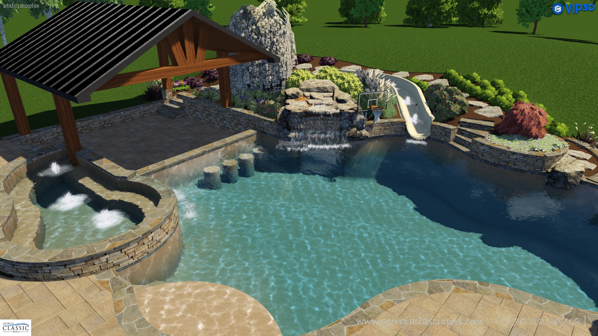 A 3D rendering of a modern pool with a unique spa and a sunken cabana nestled nearby.
