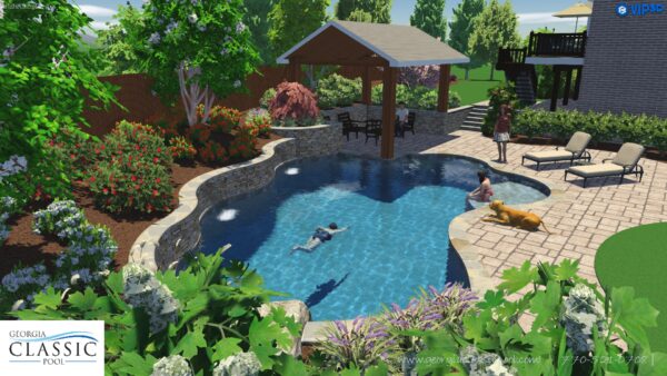 A 3D rendering of a pool with a raised beam wall with sheer descents and a cabana nestled nearby.