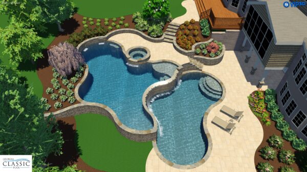 A 3D rendering of a modern double pool with a waterfall cascading between the two pools.