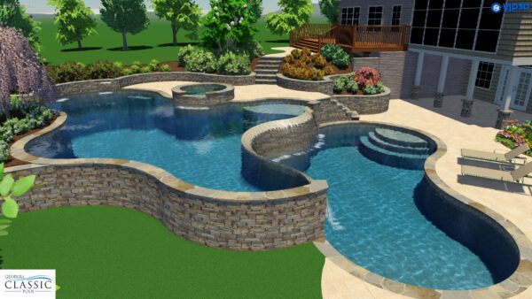 A 3D rendering of a modern double pool with a waterfall cascading between the two pools.