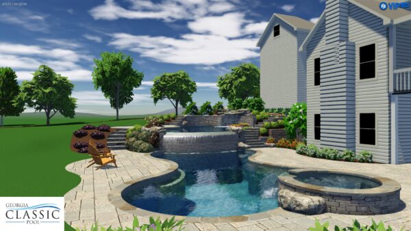 A 3D rendering of a modern double pool with a waterfall cascading into one pool and a spa adjacent to the other.