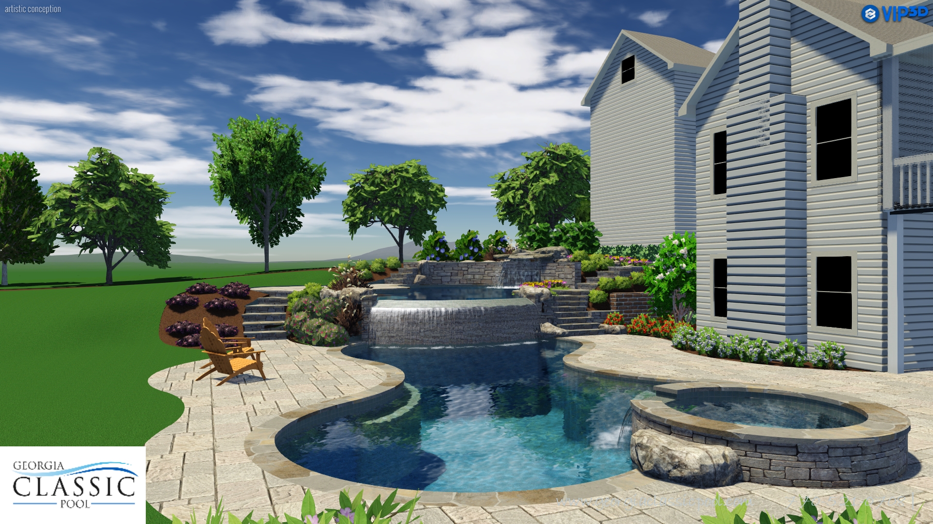A 3D rendering of a modern double pool with a waterfall cascading into one pool and a spa adjacent to the other.