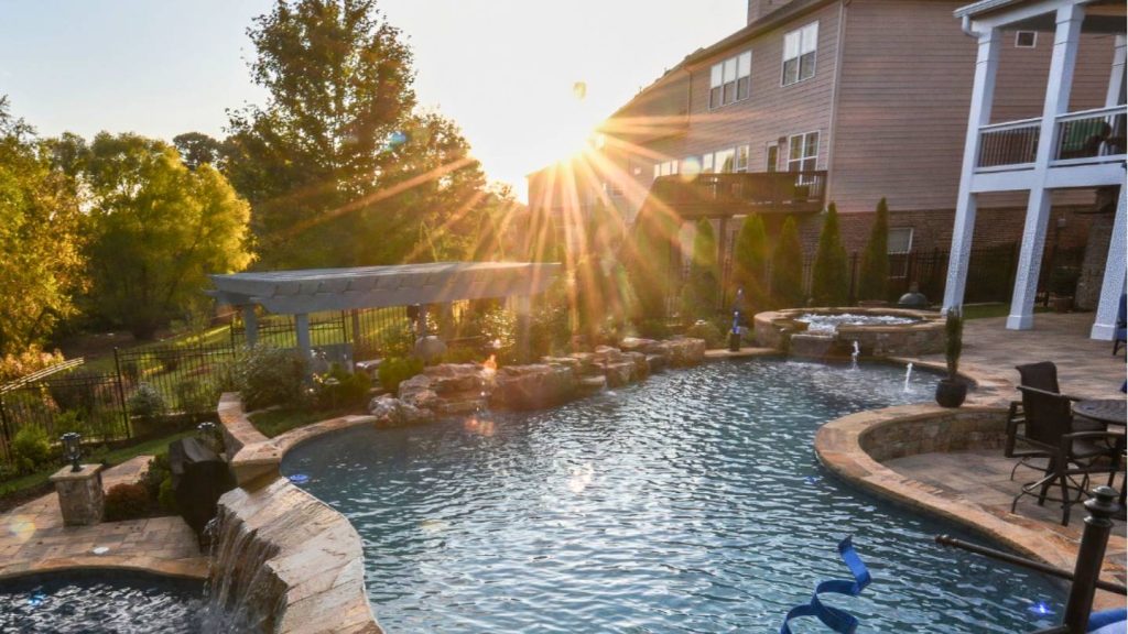 Pool with Firepit and Bridge