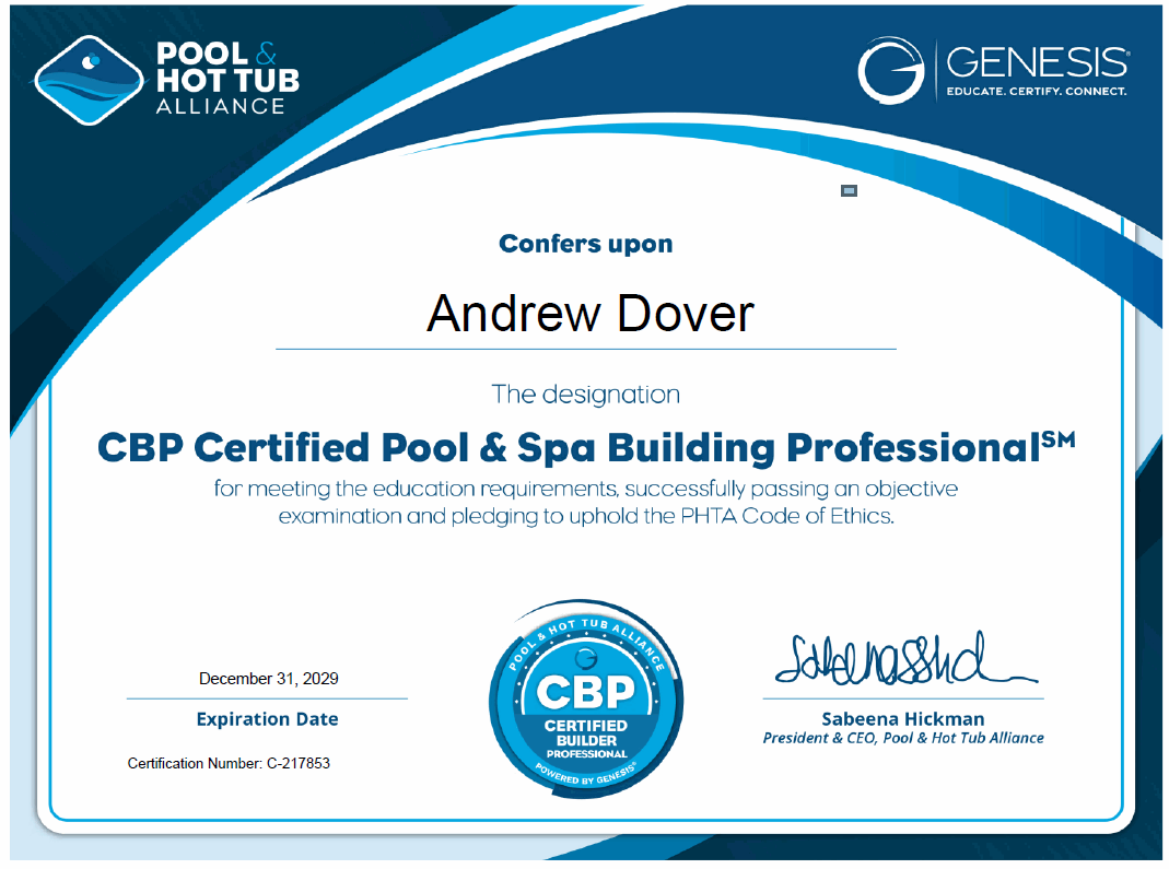 Andrew Dover PHTA Certified Pool & Spa Building Professional (CBP) certificate