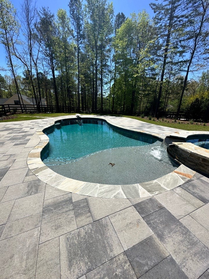 Freeform pool with paver deck and raised spa in a wooded backyard