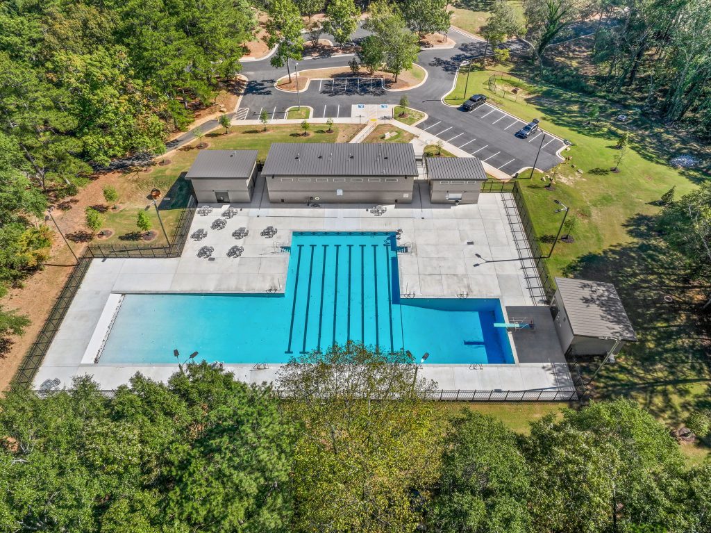 Aerial view of NH Scott Park commercial swimming pool in DeKalb County, Georgia, completed by Georgia Classic Pool